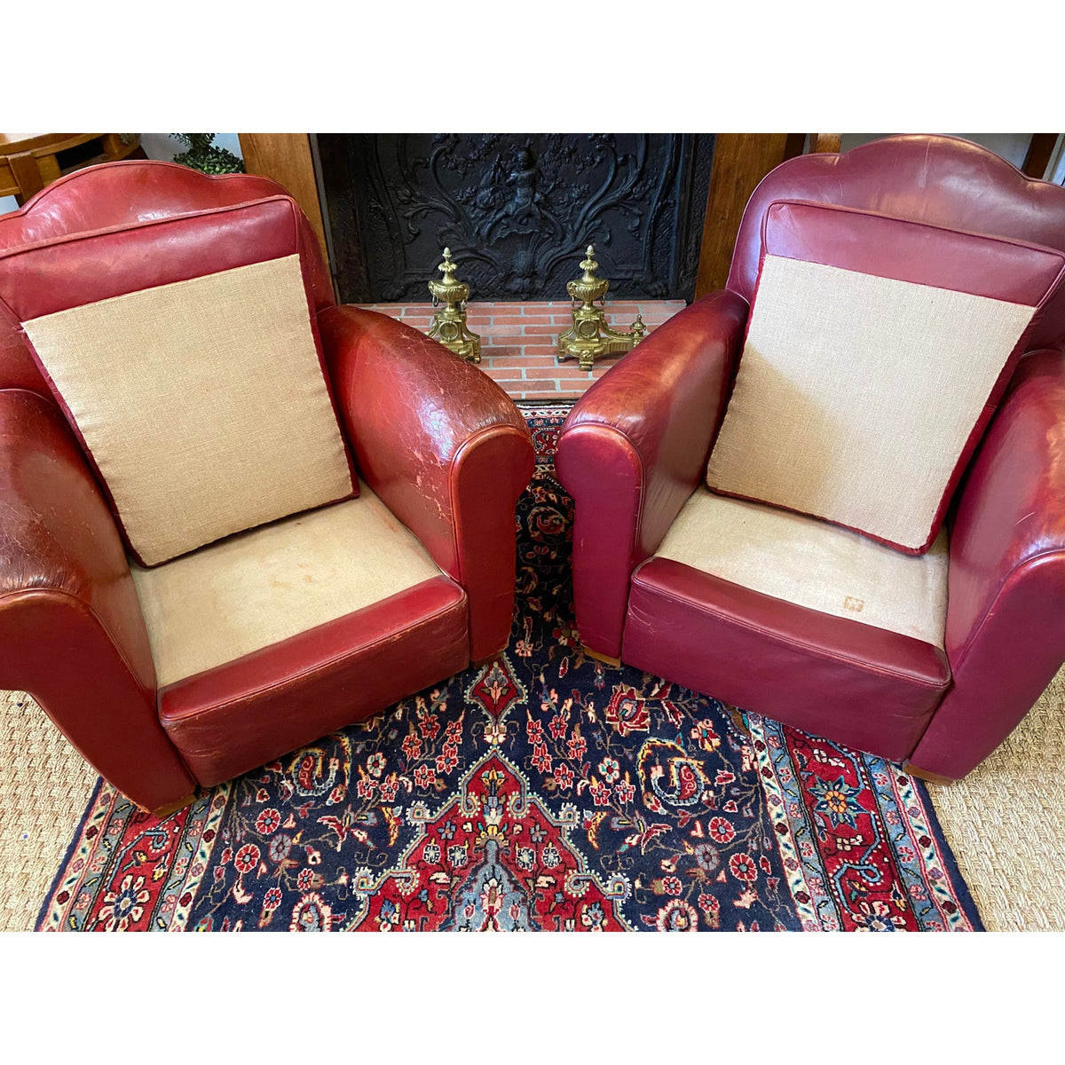 1940s Vintage French Camelback Art Deco Leather Club Chairs A Pair