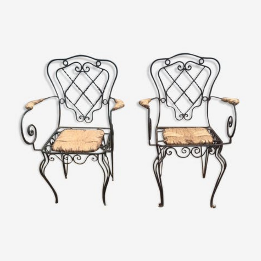 Paire de fauteuils années 40 en métal et paille