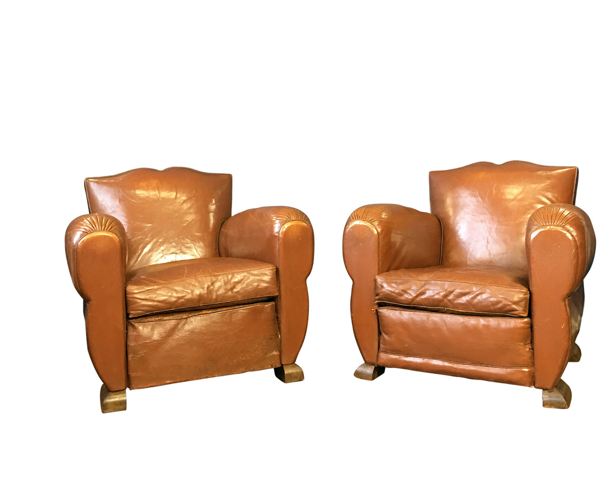 Pair of French Moustache Leather Club Chair Art Deco Circa 1930's