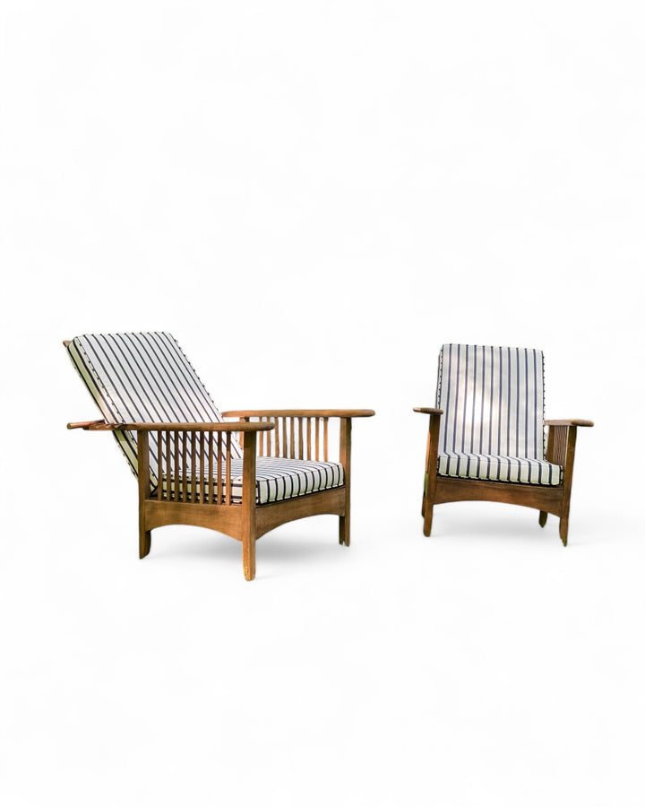 Italian Designer Lounge Chairs, Oak, Brass, Fabric, Italy, 1940s