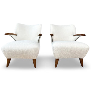 A pair of vintage mid-century Beech wood Boucle wool fabric lounge chairs France