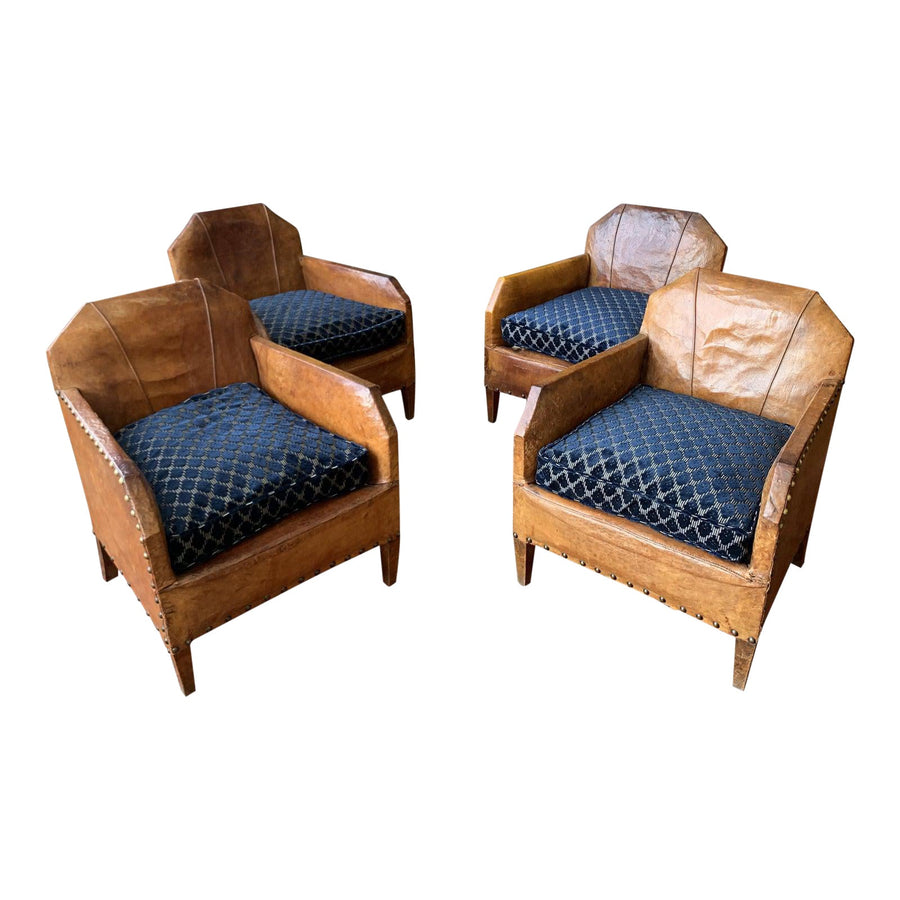 1930s Vintage Art Deco French Leather Club Chairs - Set of 4 - French Antiques www.Decoparis.com