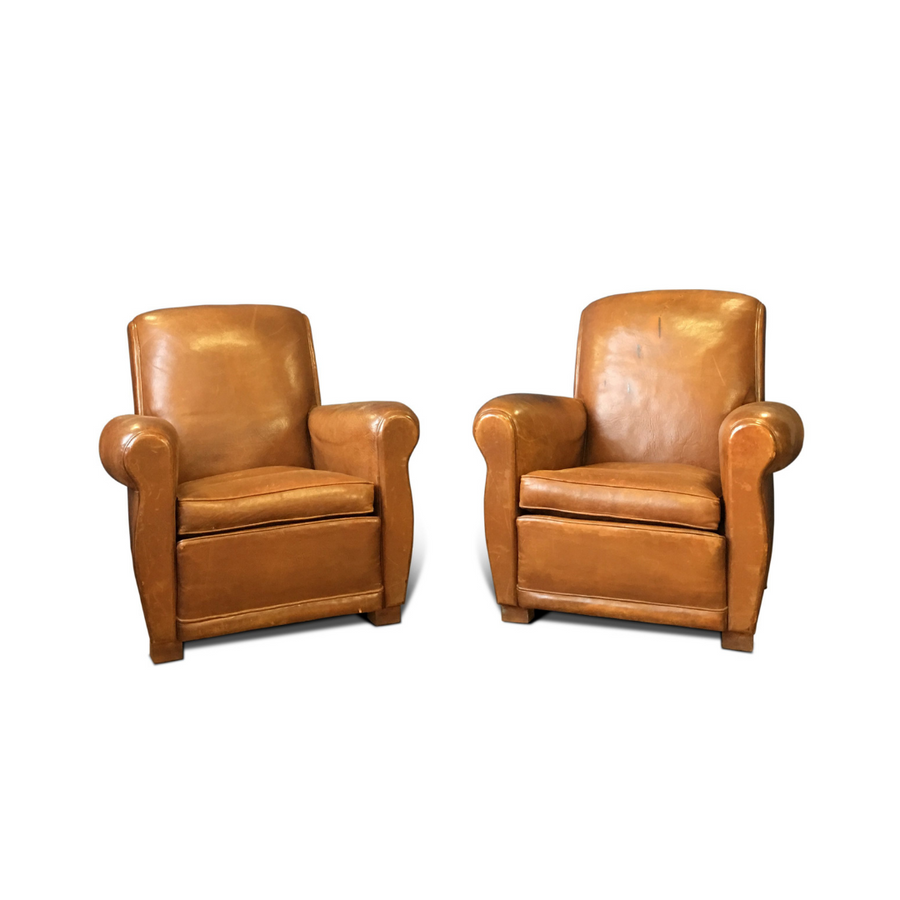 Leather 1930's Art Deco French Club Chairs - Made in France